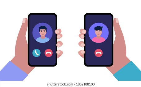 IP telephony. Internet Call. Hand holding smartphone with outgoing call and incoming call. Colorful flat vector illustration.