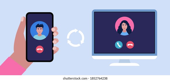 IP telephony. Internet Call. Hand holding smartphone with outgoing call, computer with incoming call. Colorful flat vector illustration.