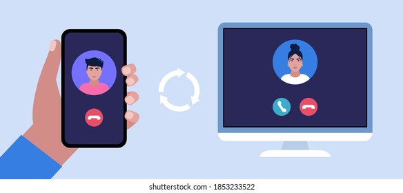 IP telephony. Internet Call. Hand holding smartphone with outgoing call, computer with incoming call. Colorful flat vector illustration.