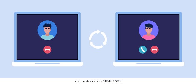IP telephony. Internet Call. Laptop with incoming call with outgoing call. Colorful flat vector illustration.