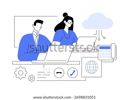 IP telephony isolated cartoon vector illustrations. Voice over Internet Protocol, VoIP idea, business technology, company teamwork organization, computer, telephone integration vector cartoon.