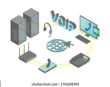 IP Telephony Isometric Concept Hosted Pbx Serrvice Vector Illustration