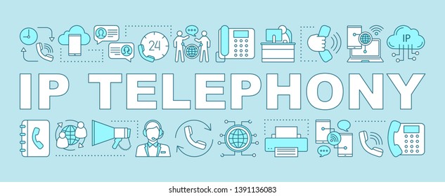 IP Telephony Word Concepts Banner. Telephone Communication. Internet Chat. Computer Software. Presentation, Website. Isolated Lettering Typography Idea With Linear Icons. Vector Outline Illustration