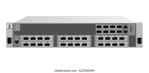 IP traffic router for installation in a 19 inch rack, 2 units. Six optional add-on modules with optical SFP modules. Designed for carrier-class networks. Vector illustration. svg