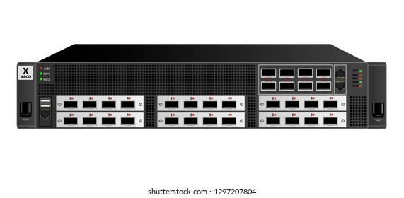 IP Traffic Router For Installation In A 19 Inch Rack, 2 Units. Black Colour. Six Optional Add-on Modules With Optical SFP Modules. Designed For Carrier-class Networks. Vector Illustration.