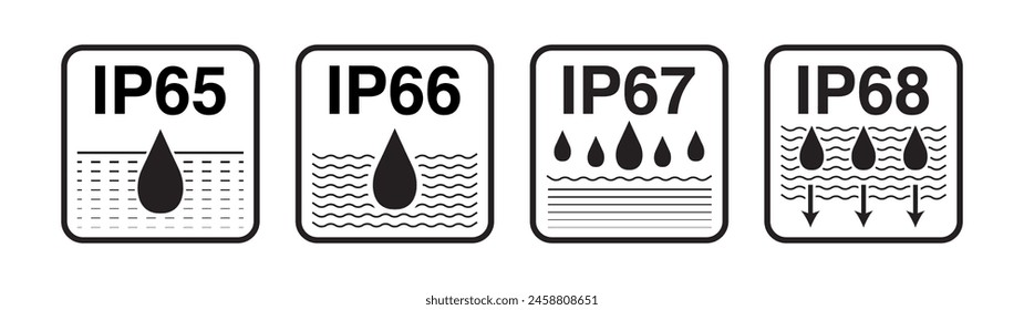 IP65, IP66, IP67, and IP68 Waterproof Ratings: Understanding Water Protection and Resistance Levels. Icons and Symbols for Water and Dust Protection. Vector Illustrations.