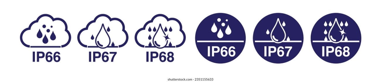 Calificación a prueba de agua IP66, IP67 e IP68, capacidad de protección de agua. Protección contra el agua y el polvo, icono y símbolo de nivel de resistencia al agua. Vector.