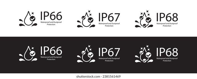 IP66, IP67 and IP68 Waterproof rating, water protective capability. Water and dust protection, water resistance level icon and symbol. Vector.