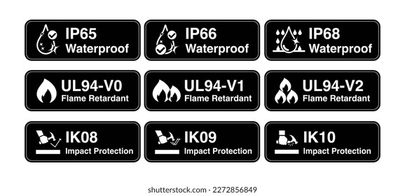 Calificaciones a prueba de agua IP66, IP67 e IP68. Clasificación de impacto IK08, IK09 y IK10. UL94 Flame-Retardant. Nivel de resistencia al agua, resistencia a la tolerancia a la colisión y símbolo y icono antiinflamatorios. Vector.