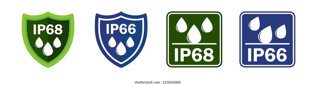 IP66 And IP68 Waterproof Rating, Water Protective Capability. Water And Dust Protection, Water Resistance Level Icon And Symbol. Vector.