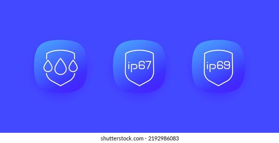 ip67, ip69, waterproof and water resistance line vector icons