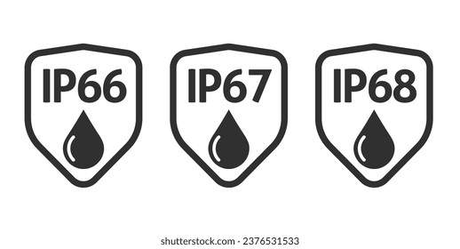 ip68 ip67 ip66 icono protector de agua protector de protección vectorial gráfico de línea de contorno arte, humedad protector húmedo etiqueta de logotipo conjunto de símbolos, polvo y adhesivo de certificado estándar submarino