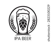 IPA Beer logo showcases an ornate circular botanical badge featuring a prominent hop cone framed by wheat ears. This classic vector artwork is ideal for craft breweries, specialty beer brands, microbreweries, hop farmers, and traditional pubs wanting a distinguished, nature-inspired identity that emphasizes authentic brewing ingredients.