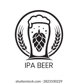 IPA Beer logo showcases an ornate circular botanical badge featuring a prominent hop cone framed by wheat ears. This classic vector artwork is ideal for craft breweries, specialty beer brands, microbreweries, hop farmers, and traditional pubs wanting a distinguished, nature-inspired identity that emphasizes authentic brewing ingredients.