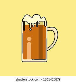 IPA beer in beer mug glassware with beer foam on top isolated on yellow background, flat vector design illustration.