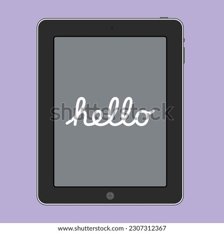 iPad outline vector illustration with a purple background, displaying the text 'Hello,' suitable for educational, work, and commercial purposes.