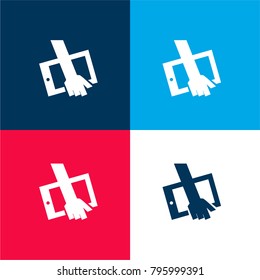 Ipad in student hand four color material and minimal icon logo set in red and blue