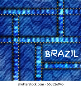 Ipanema beach with denim texture pattern. Vector illustration. Brasil style pattern. Jeans background.