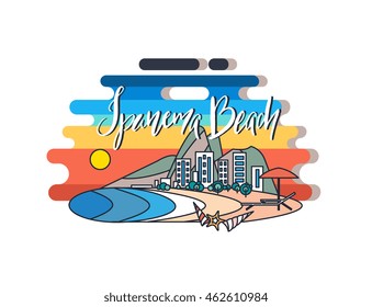 Ipanema Beach emblem with modern calligraphy lettering. Flat style. For banner, poster, emblem, advertising. Isolated on white background. 