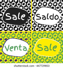 Ipanema beach pattern sale set. Vector illustration. Brazil style sale set of banners.
Saldo word in spanish language is sale. Venta word in spanish language is sale. 
