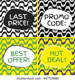 Ipanema beach pattern sale set. Vector illustration. Brazil style sale set of banners.
Last price banner. Promo code banner. Best offer banner. Hot deal banner.