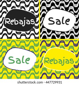 Ipanema beach pattern sale set. Vector illustration. Brazil style sale set of banners.
 Rebajas word in german language is sale. 
