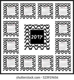 Ipanema pattern calendar of 2017 year. New year, brazilian style, vector calendar.
12 months calendar set.