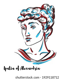 Ipatia of Alexandria engraved vector portrait with ink contours on white background. Hellenistic Neoplatonist philosopher, astronomer, and mathematician, who lived in Alexandria, Egypt