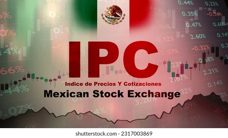 IPC, Indice de Precios Y Cotizaciones. Index of 33 largest Mexico companies listed on the Mexican Stock Exchange. Trading screen background. Candlestick pattern, price change quotation.