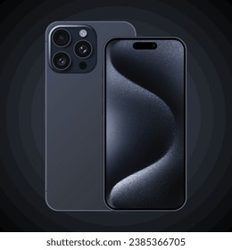 iPhone 14 15 16 Pro smartphone outline vector illustration with a gradient grey to black background, displaying futuristic wallpaper. Suitable for educational, work, and commercial purposes.