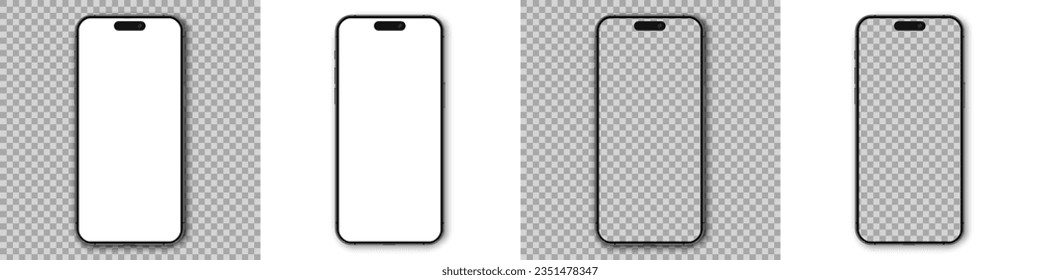 Iphone 14, 14 pro set mockup. Smartphone model with shadow on transparent background. 3D mobile phone with transparent screens. Front view screen - vector svg