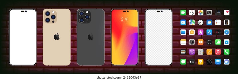 Iphone 15. Apple mockup. Apple interface. Apple apps. Phone navigation page. Calendar, notes, history, main menu. IOS call screen design concept. Editorial vector illustration