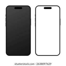 iPhone 16 and 17 Pro Max mobile phone devices mockup blank white and black screen set for advertisement on a white background. Smartphone layout template for application showcase vector illustration