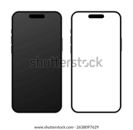 iPhone 16 and 17 Pro Max mobile phone devices mockup blank white and black screen set for advertisement on a white background. Smartphone layout template for application showcase vector illustration
