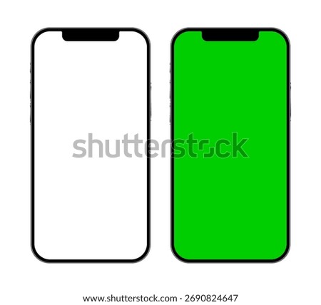 iPhone 16 or 17 pro pax green and white screen mobile phone mockup template set for advertisement. Modern smartphone device user interface, vector illustration