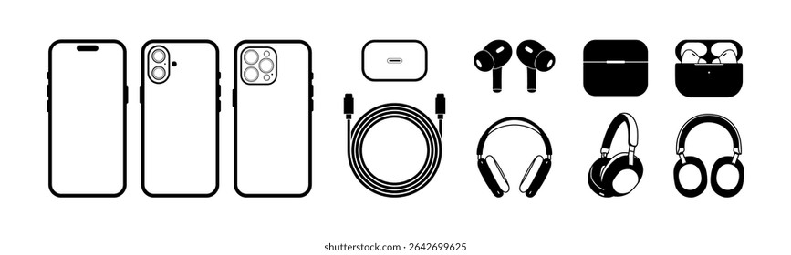 iPhone 16 and Accessories Icon Set  Minimal Vector Design of Phone, Air Pods, Charger, and Headphones