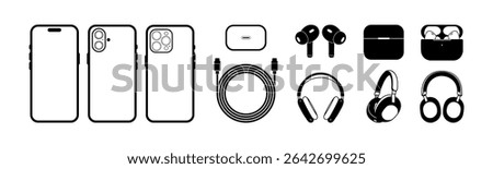 iPhone 16 and Accessories Icon Set  Minimal Vector Design of Phone, Air Pods, Charger, and Headphones