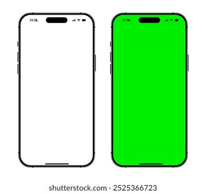 Conjunto de maqueta de teléfono móvil de pantalla verde y blanca. Dispositivos de smartphone modernos para publicidad y diseño de interfaz de usuario