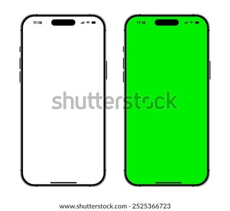 iPhone 16 Pro Max Green and white screen mobile phone mockup set. Modern smartphone devices for advertisement and user interface design