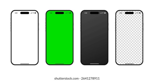 iPhone 16 Pro Max realistic mobile phone mockup with blank green screen, black and transparent display for advertisement and social media template. Smartphone vector illustration