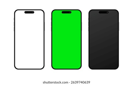 iPhone 16 Pro Max set of smartphone devices mockup with blank white, green and black screen. Mobile phone empty display user interface template collection for advertisement. Vector illustration