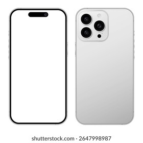 iPhone 16 Pro Max white gray smartphone device blank screen mockup template, 2025 latest mobile phone layout. Vector illustration