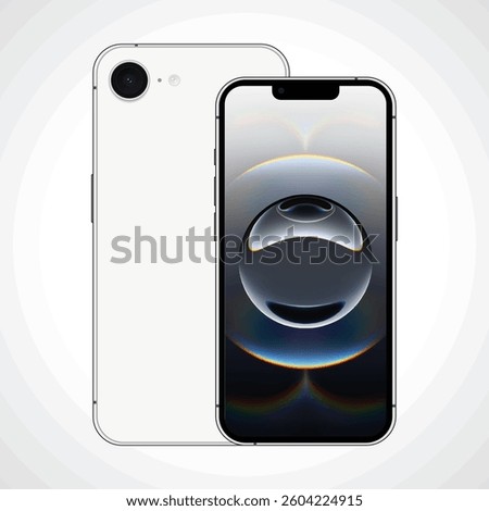 iPhone 16e white outline vector illustration with a gradient white to grey background, displaying futuristic wallpaper. Suitable for educational, work, and commercial purposes.