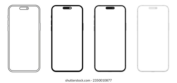 Establecer el modelo de smartphone con pantalla blanca en blanco y plano, línea y estilo realista, maqueta detallada de teléfono móvil, modelos en blanco y negro, smartphone front view, modelo de teléfono móvil 3D, ui, ux - vector