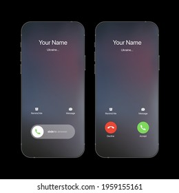 Interfaz de usuario para iPhone Call Screen Concept con fondo borroso realista. Plantilla de pantalla de llamada entrante