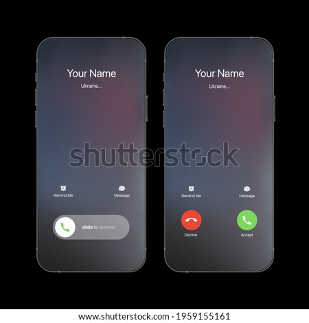 iPhone Call Screen Concept UI Set with Realistic Blurry Background. Incoming Call Screen Template Foto stock © 