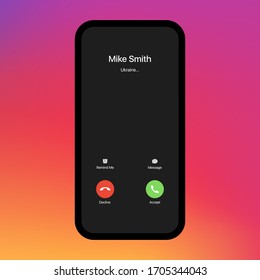 iPhone Call Screen. Interface. Accept Button, Decline Button. Incoming Call. iPhone iOS Call Screen Template. Smartphone, Phone Call Screen Vector Mockup On Gradient Background