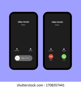 iPhone Call Screen Set. Interface. Slide To Answer. Accept Button, Decline Button. Incoming Call. iPhone iOS Call Screen Template. Smartphone, Phone Call Screen Vector Mockup On Violet Background - Shutterstock ID 1708357441
