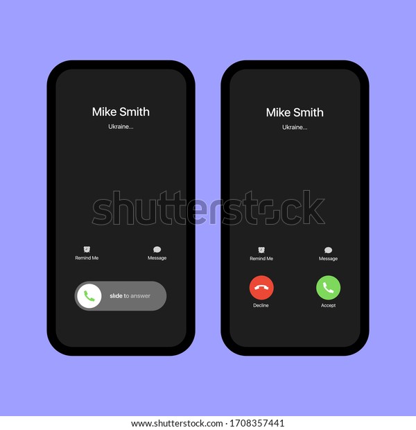 iPhone Call Screen Set. Interface. Slide To\
Answer. Accept Button, Decline Button. Incoming Call. iPhone iOS\
Call Screen Template. Smartphone, Phone Call Screen Vector Mockup\
On Violet Background