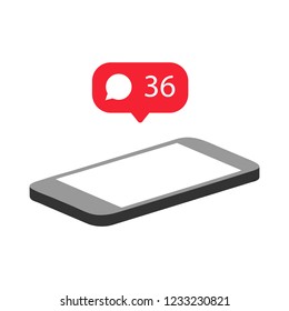 iPhone, Facebook. Social Media theme. Communication in social networks. Image of mobile phone with message icons, likes and subscribers. Vector illustration.